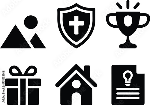 Six icons representing various symbolic concepts and activities