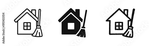 House Cleaning Service Vector Icon Set with Broom - Residential Cleanup Symbol in Various Styles.