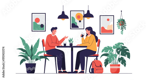 Man and woman enjoy a conversation while sitting at a table in a stylish cafe with indoor plants and art.