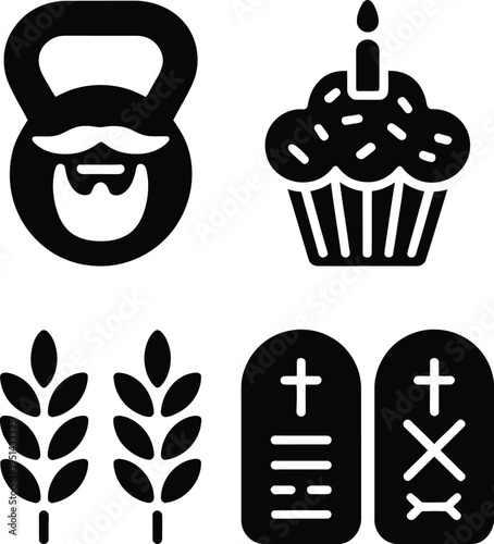 Four icons representing fitness, celebration, agriculture, and religious symbols