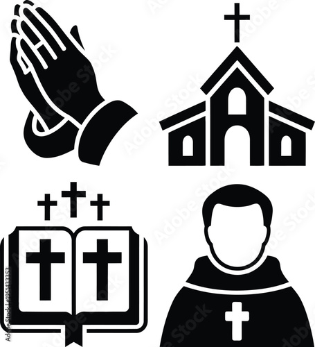 Symbols representing key elements of christian religious practices and figures