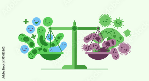 Balance Scale Showing Good vs Bad Bacteria, Health vs Illness, Microbes
