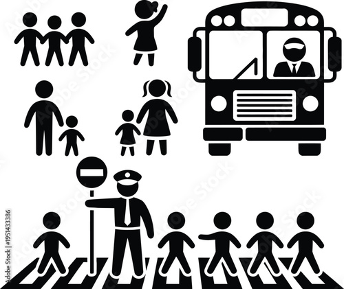 School children crossing the street with a school bus and traffic officer present