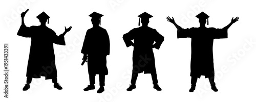 Graduate students silhouettes set in gown and cap - vector illustration