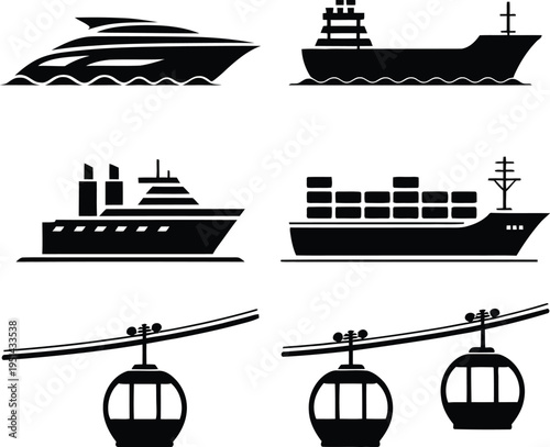 Diverse maritime vessels and cable cars illustrated in a minimalist style