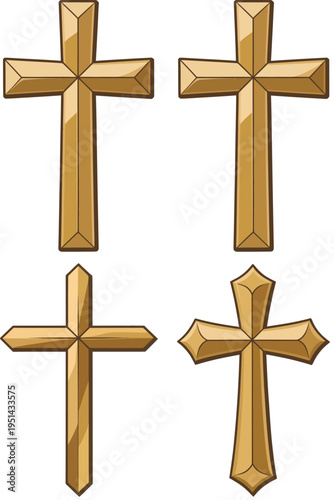 Four stylized crosses with intricate designs and metallic appearance shown in pairs
