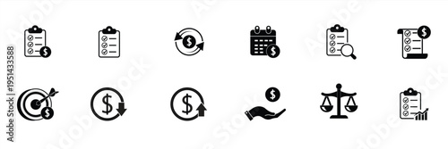 Business finance icon set: Budget planning line icon set with document analytics, taxes, financial data, budgeting, investment, business growth tracking, and banking symbols. Vector illustration.