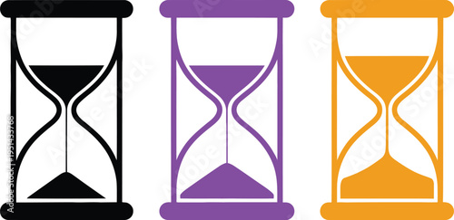 Three hourglasses with different colored sands and materials