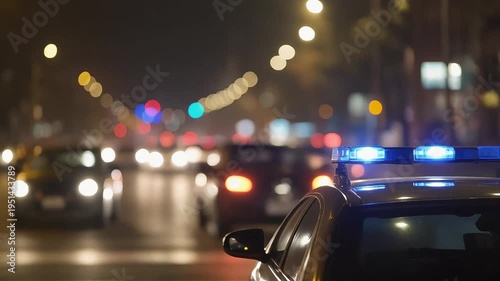 Police Car with Flashing Blue Lights on Night City Street