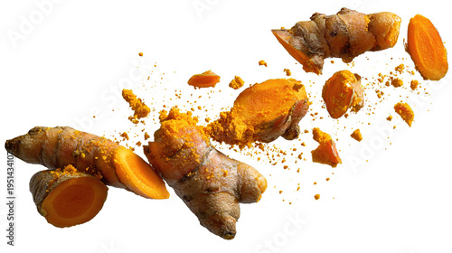 A collection of turmeric roots and bright orange turmeric powder scattered around them. The image highlights the rich, vibrant color and natural texture of the spice, commonly used in cooking, herbal 