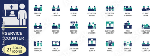 Solid vector service counter icon set. Featuring help desk, customer support, ticket and reception symbols in bold vector style for web, mobile apps, business dashboards and service systems.