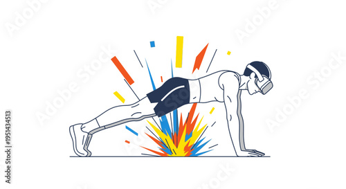 Person in virtual reality headset doing plank exercise with energetic colorful bursts, illustrating modern fitness and immersive tech training