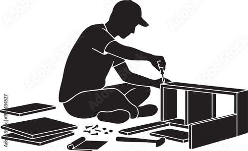 Silhouette of Man Assembling DIY Wooden Furniture with Tools
