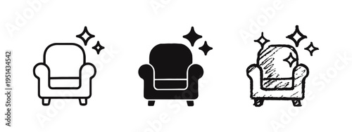 Clean armchair icons set with sparkling effect. Furniture cleaning symbols in outline, solid, and hand-drawn styles.