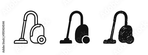 Vacuum cleaner icons set. House cleaning equipment symbols in outline, solid, and hand-drawn styles.