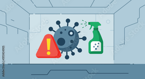 Coronavirus Danger: Warning Sign, Virus Icon, and Disinfectant Spray Bottle