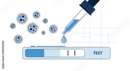Covid-19 rapid test kit with dropper and virus particles, medical diagnostic concept