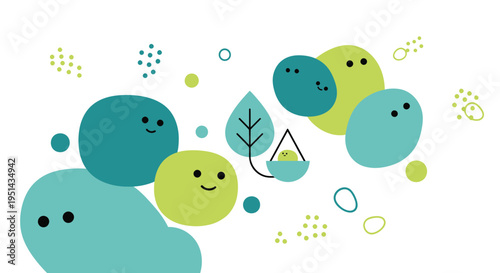 Cute Blob Characters with Leaves and Dots, Whimsical Nature Illustration