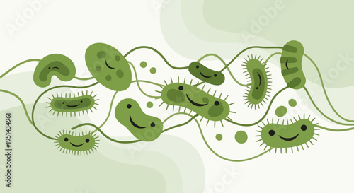 Cute cartoon bacteria and microbes with happy faces, science illustration