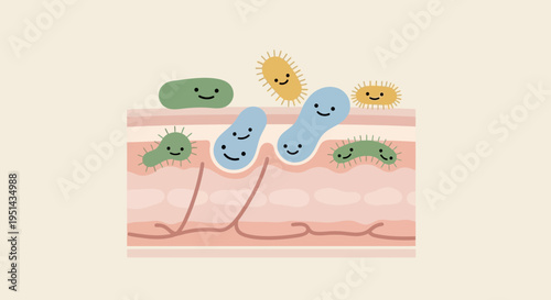Cute cartoon bacteria and microbes on skin layers, illustration of skin microbiome