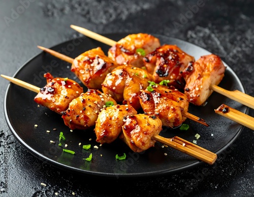 Grilled chicken skewers on a dark plate (4)
