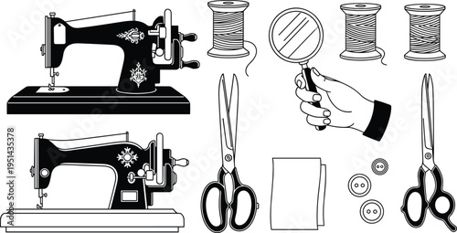 Vintage sewing machines and tools silhouette illustration for crafting and tailoring