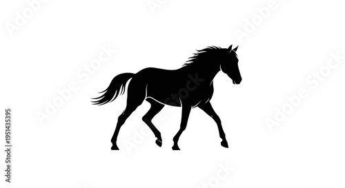 Black silhouette of a horse walking, isolated on white background, dynamic movement