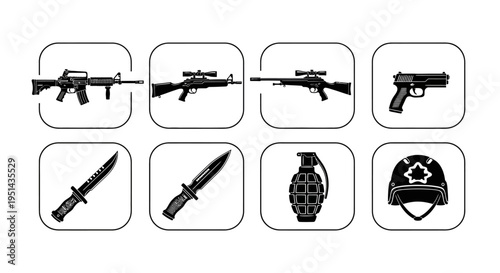 Military Weapon Icons: Rifle, Sniper, Pistol, Knife, Grenade, Helmet