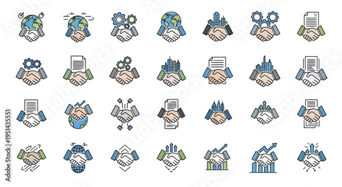 Business Partnership Icons: Handshake, Globe, Gears, Buildings, Documents, Growth Charts