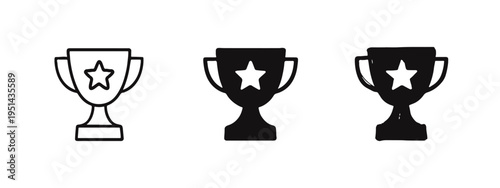 Award trophy with star icon set in outline, solid, and hand drawn styles for winner and success.