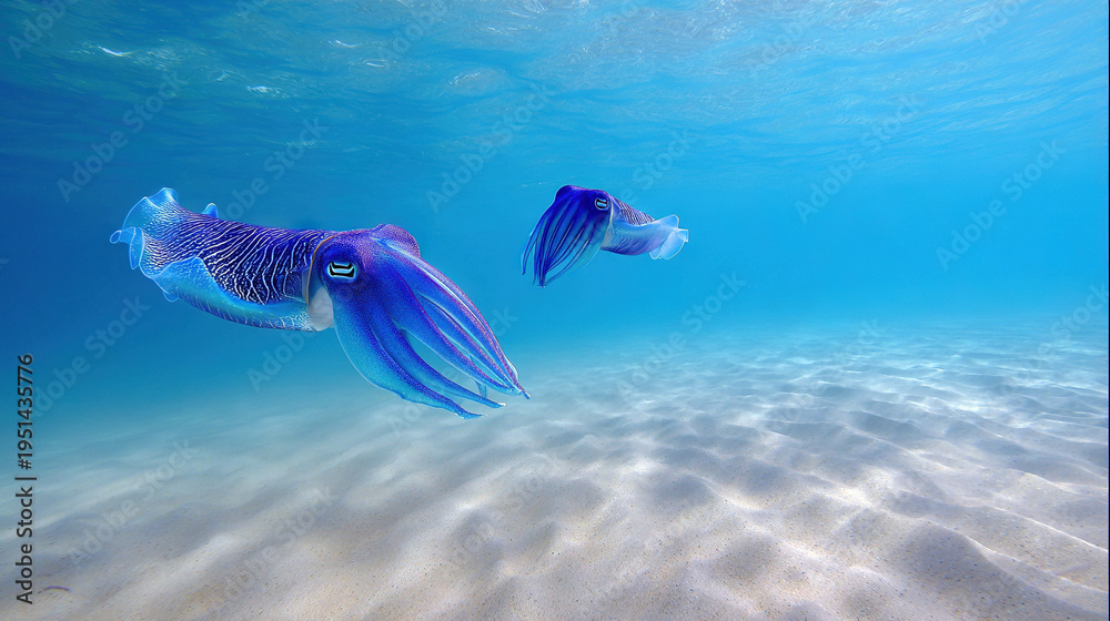 Fototapeta premium Two Cephalopods Swimming in Crystal-Clear Ocean Waters