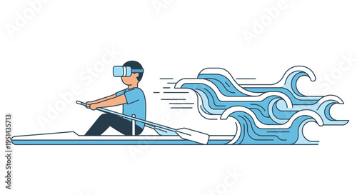 Person in virtual reality headset rowing a canoe through digital waves, an illustration of immersive VR fitness and simulated water sports.