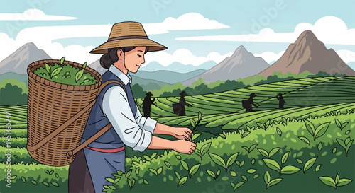 Man harvesting tea leaves in a lush green field with mountains in the background on a sunny day