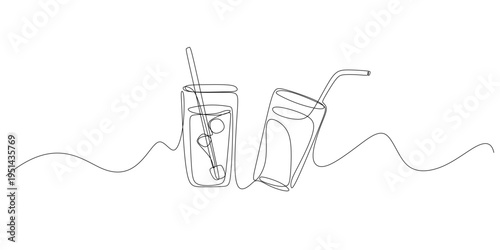 Abstract Continuous Line Drawing of Cold Drinks in Glass. Summer drinks Minimal Illustration