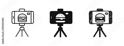 Smartphone on tripod recording burger icon set for food vlogging, review, or online order.