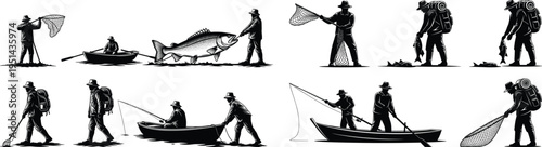 Silhouette of people fishing and sailing in various poses and boats silhouette