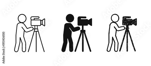 Videographer or cameraman with video camera on tripod icon set for film production.
