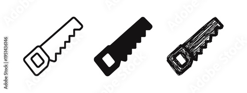 Hand Saw Tool Icons Set in Outline, Solid, and Doodle Sketch Styles. Carpentry and Woodworking Symbol Collection.