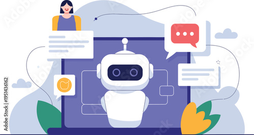Illustration of a robot interacting with a woman through digital interfaces