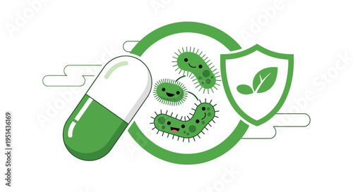 Green capsule protecting against cartoon bacteria, shield with leaf icon, science concept