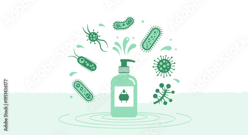 Hand Sanitizer Bottle Dispensing Liquid Surrounded by Cartoon Bacteria and Viruses