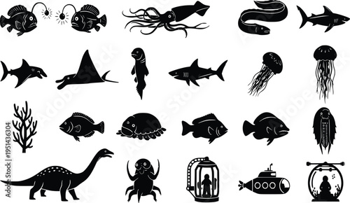 Deep sea monster silhouettes abyssal creatures ocean icon vector set