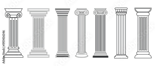 Ancient Greek columns, Ancient classic pillars icons. vector design of isolated ancient pillars. Different architecture pillars. Vector illustration. 