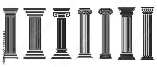 Ancient classic pillars. Black silhouette architecture pillars. Greek and roman architecture pillars, vector design of isolated ancient pillars. Vector illustration. 