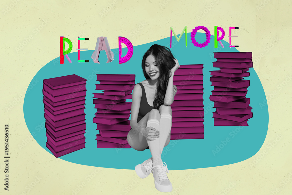 Fototapeta premium Pop art full zine photo collage of happy girl guy sit library academic book stack education learner pencil ruler read more letters