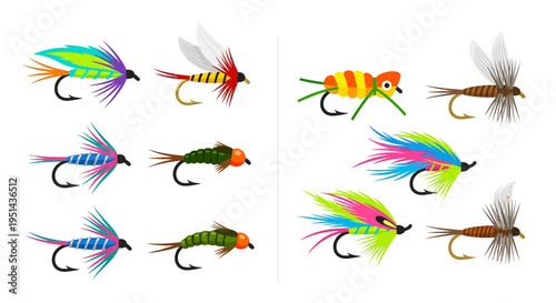 Colorful assortment of illustrated fishing flies on a white background