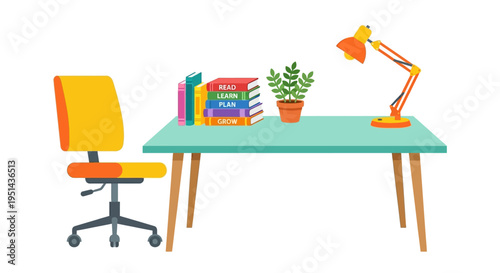 A brightly colored study space with books a plant and chair