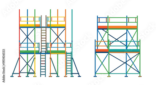 Colorful scaffolding structures with ladders and platforms are visually displayed