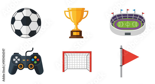 A soccer ball and trophy sit near a stadium with a game controller, goal, and flag.