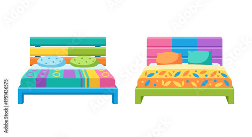 Colorful cartoon beds with patterned bedding and bright playful designs